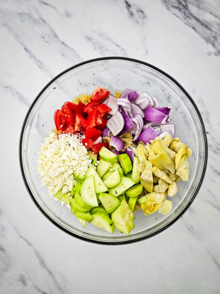 Classic Greek Bow Tie Pasta Salad Process Photo