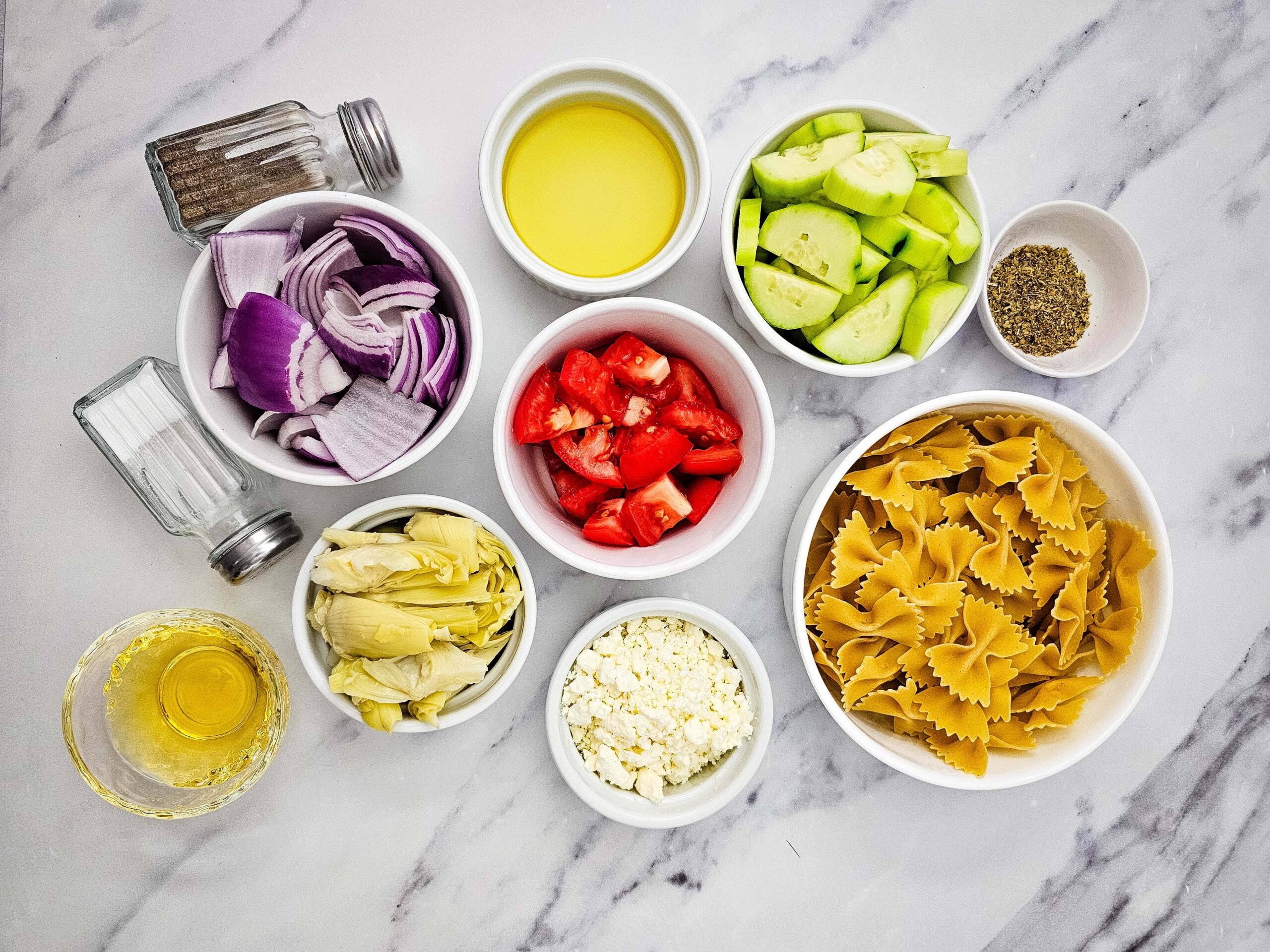 Classic Greek Bow Tie Pasta Salad Process Ingredients