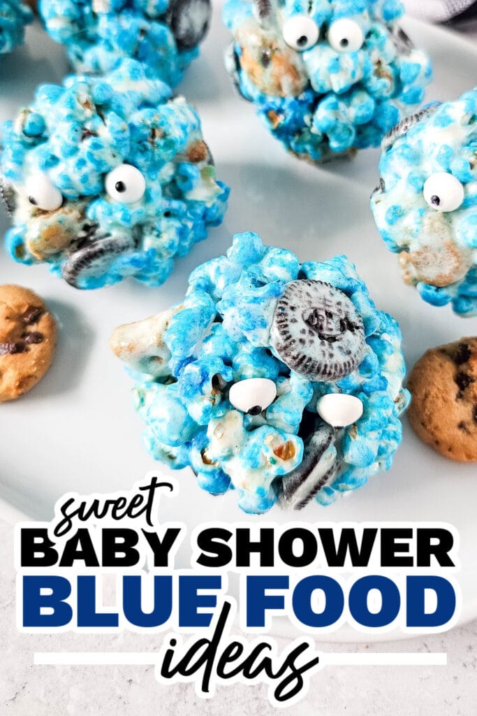 blue baby shower food ideas - Cookie Monster Popcorn Balls