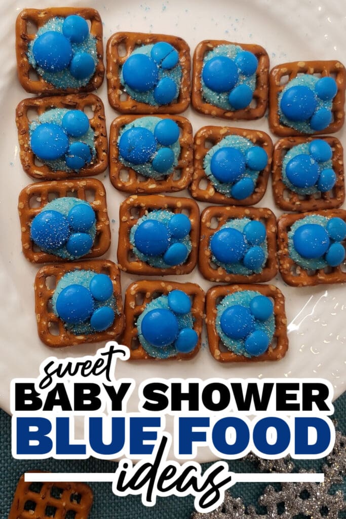 blue baby shower food ideas - Winter Wonderland M&M Pretzel Bites