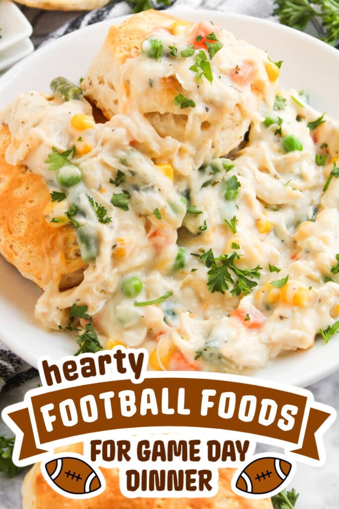 football food ideas -Cheesy Chicken Pot Pie over biscuits