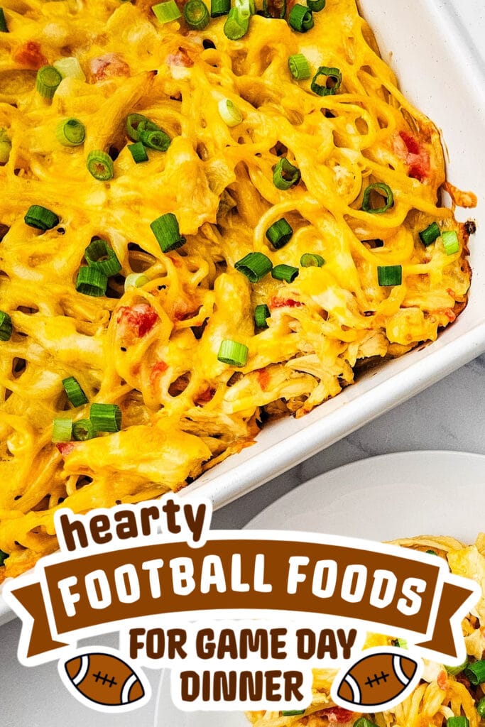 football food ideas -Cheesy Rotel Chicken Spaghetti Casserole