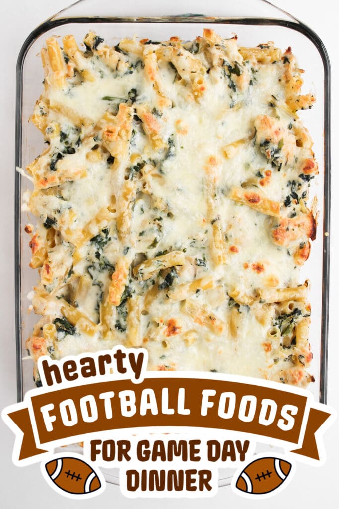 football food ideas -Creamy Spinach Artichoke Chicken Pasta Casserole