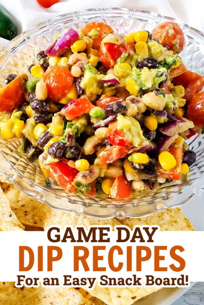 Vibrant mixed bean and vegetable dip for game day snacking.