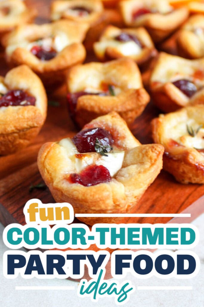 Fun color-themed party food ideas with mini fruit tarts and desserts.