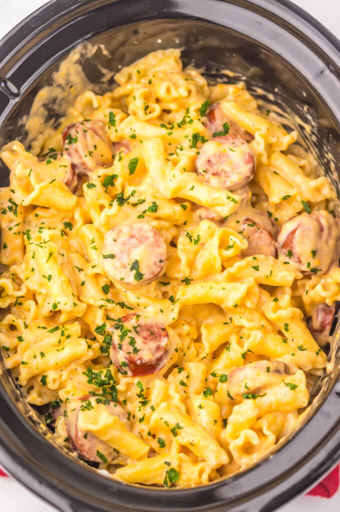 Slow Cooker Beer Cheese Sausage Pasta Process Photo