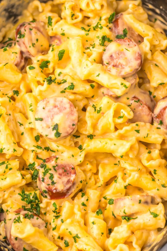 Slow Cooker Beer Cheese Sausage Pasta Process Photo