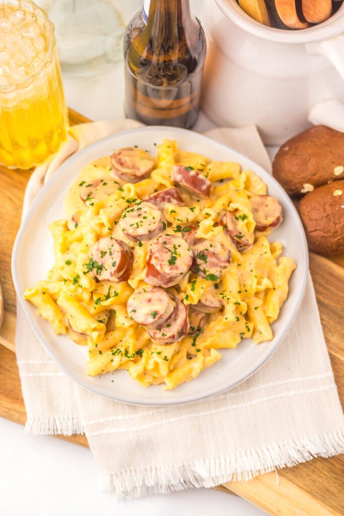 Slow Cooker Beer Cheese Sausage Pasta Process Photo