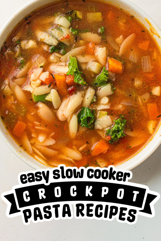 Hearty vegetable and pasta soup in a white bowl, perfect for slow cooker recipes.