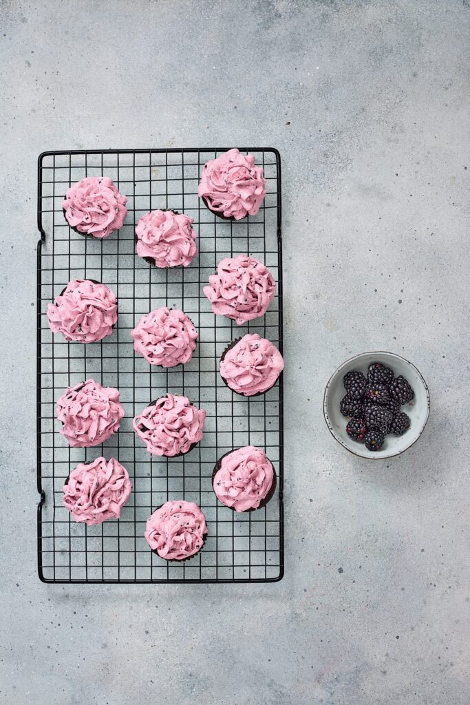 Blackberry Chocolate Cupcakes with Fresh Blackberry Buttercream Process Photo