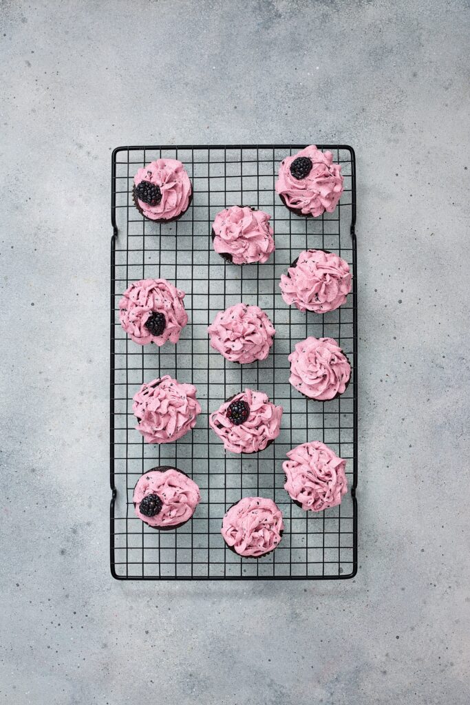 Blackberry Chocolate Cupcakes with Fresh Blackberry Buttercream Process Photo