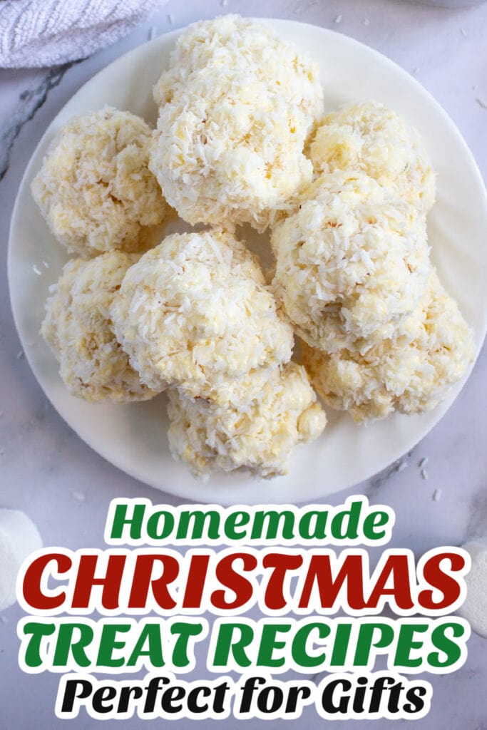 Gifting Christmas Treats-Gooey Coconut Popcorn Marshmallow Snowball Bites