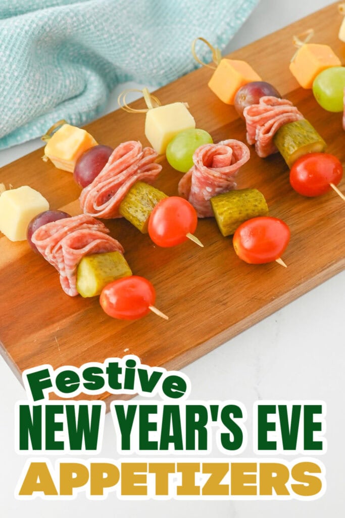 New Years Appetizers-Charcuterie Skewers with Cheese, Salami, and Fruit