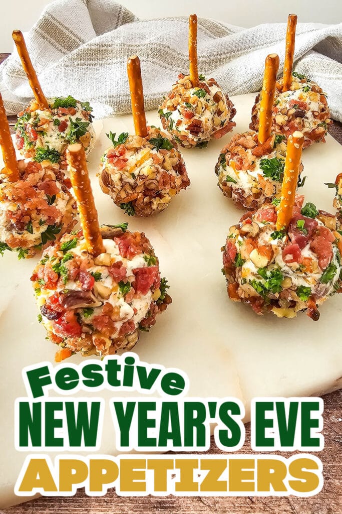 New Years Appetizers-Cracked Out Cheeseball Bites on a Pretzel Stick