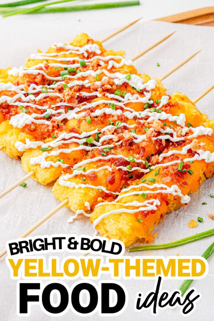 Yellow Food Ideas-Loaded Tater Tot Skewers