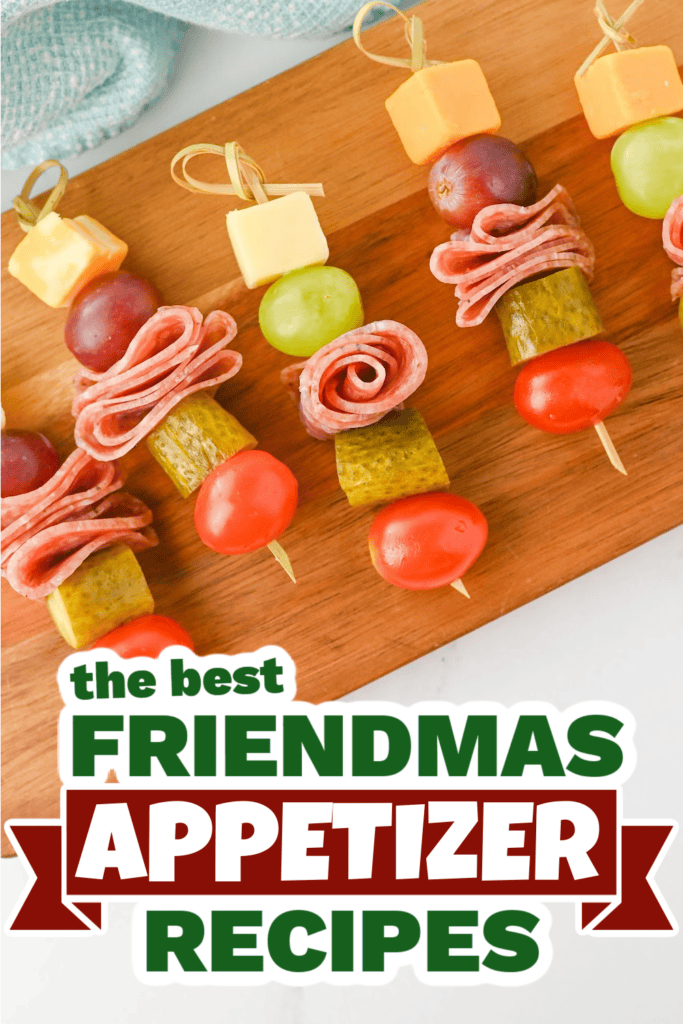 friendmas appetizers -Charcuterie Skewers with Cheese, Salami, and Fruit