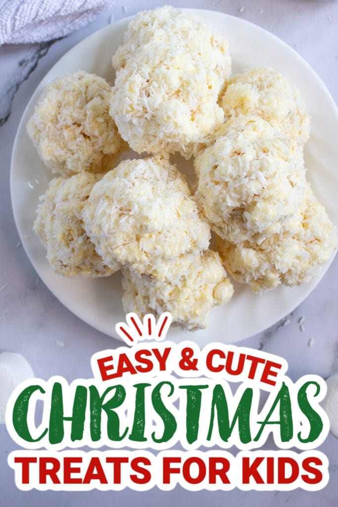 kids christmas treats-Gooey Coconut Popcorn Marshmallow Snowball Bites