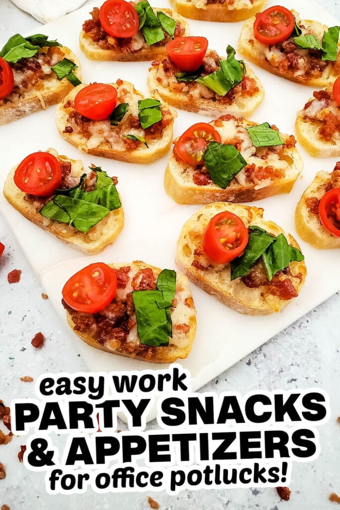 work party snacks and appetizers - Bacon-Topped BLT Crostini Appetizer