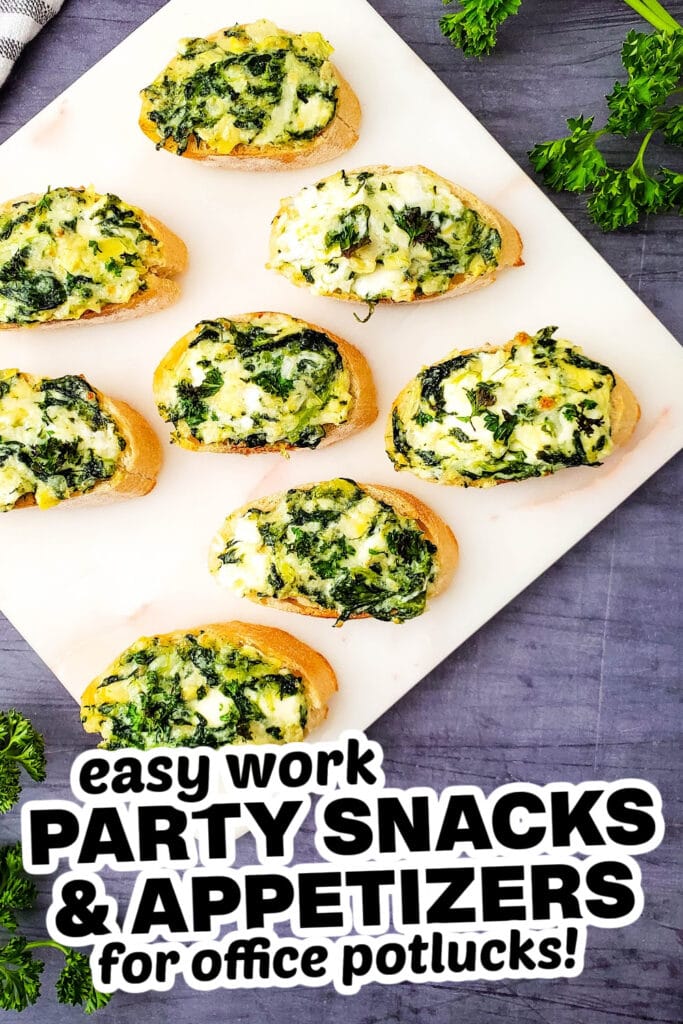 work party snacks and appetizers - Spinach Artichoke Crostini