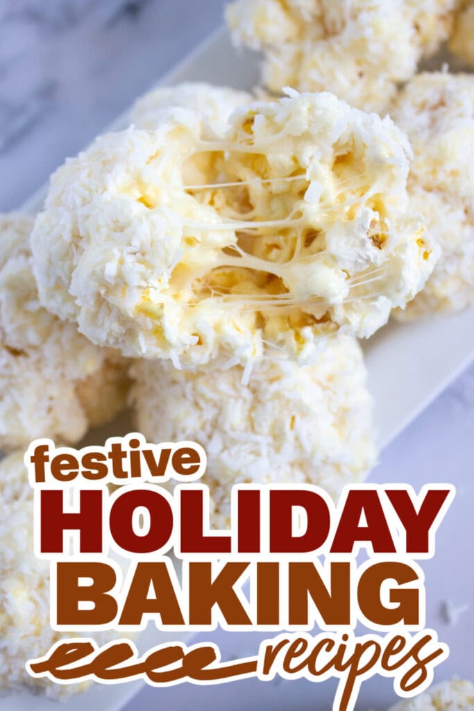 holiday baking recipes - Gooey Coconut Popcorn Marshmallow Snowball Bites
