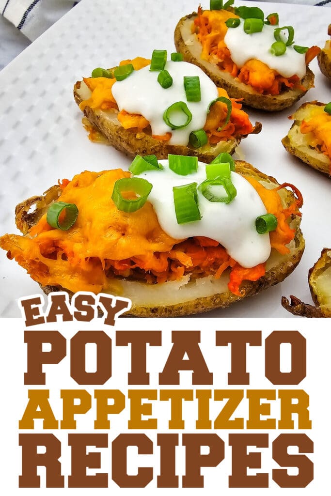 potato appetizer recipes - Buffalo Chicken Potato Skins with Blue Cheese Drizzle